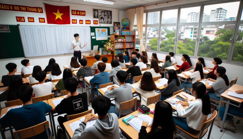 DALL·E 2023 10 17 10.29.19 photo of a classroom with students in THCS Trung hoc co so level with diverse students eagerly learning English from a teacher at the front